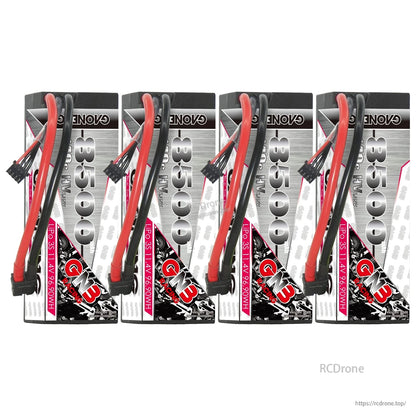 Four-pack display of GNB 8500 hard case LiPo batteries lined up with labels and leads visible