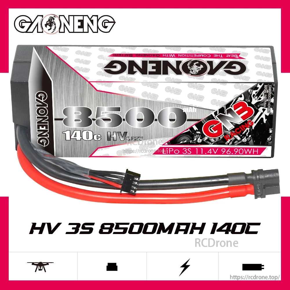 GAONENG GNB HV 3S 8500mAh 140C hard case LiPo battery, side label showing 11.4V and 96.90Wh