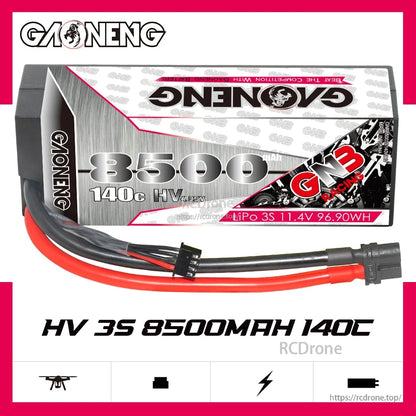 GAONENG GNB HV 3S 8500mAh 140C hard case LiPo battery, side label showing 11.4V and 96.90Wh