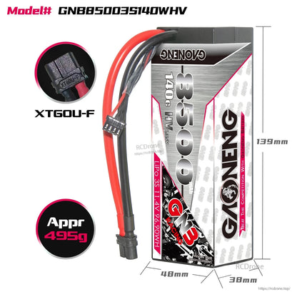 Dimension graphic for GNB85003S140WHV battery showing approx 139mm length and 48x38mm size