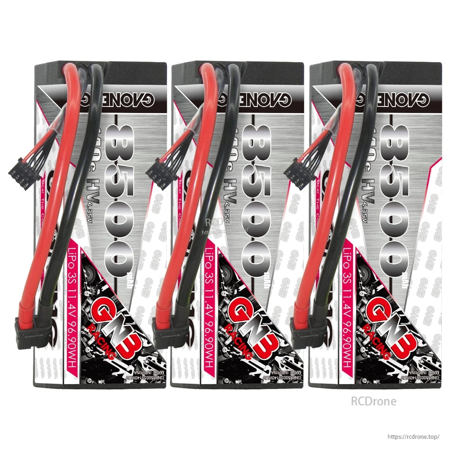 Three-pack display of GNB 8500 hard case LiPo batteries with leads and labels facing front