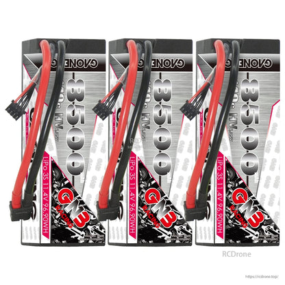 Three-pack display of GNB 8500 hard case LiPo batteries with leads and labels facing front
