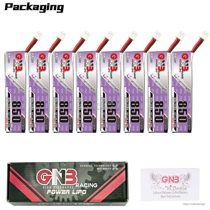 Packaging contents: eight GNB 850 batteries with GN3 Racing Power LiPo box and instructions card