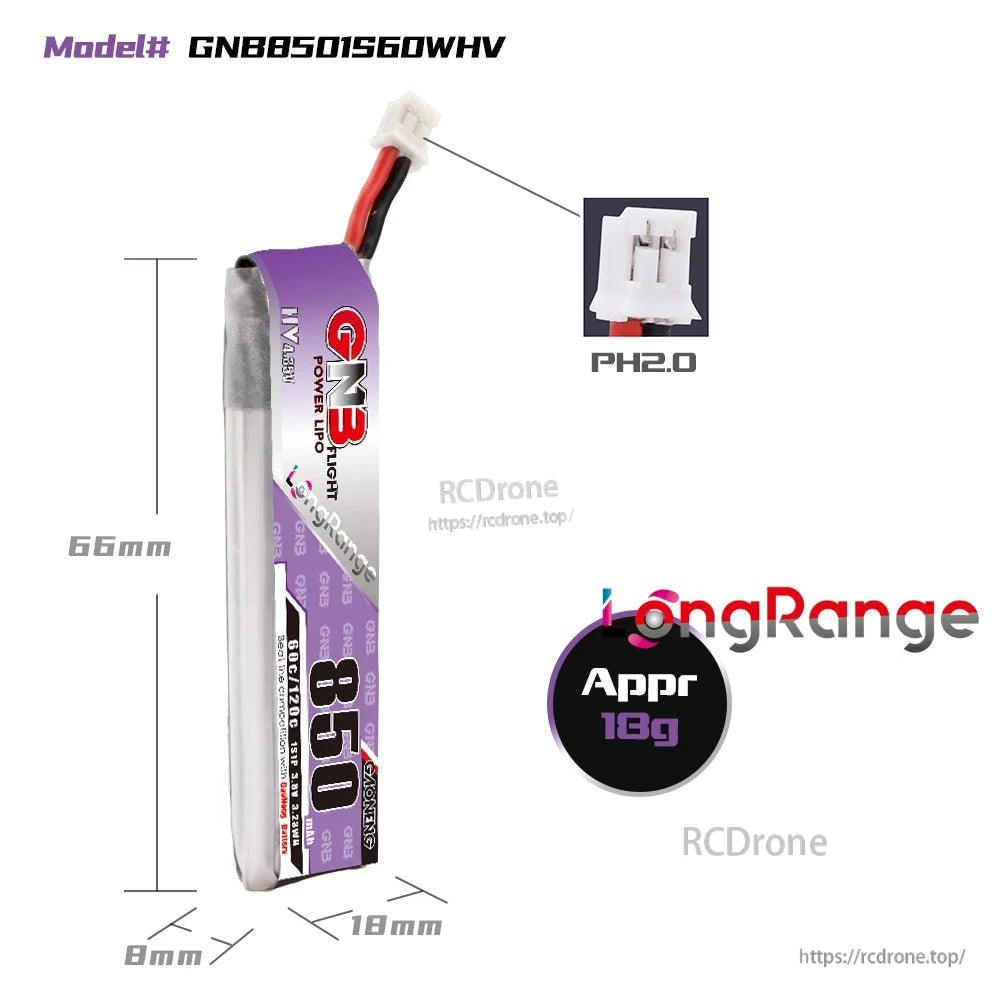 GAONENG GNB 850mAh 1S 3.8V LiHV 60C LiPo battery dimensions diagram with PH2.0 connector close-up