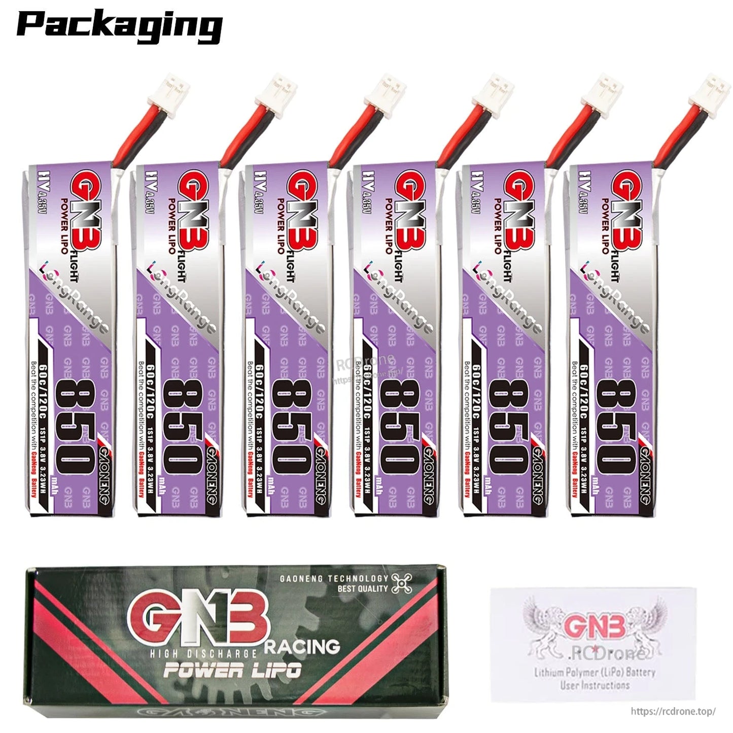 Packaging contents: six GNB 850 batteries with GN3 Racing Power LiPo box and instructions card