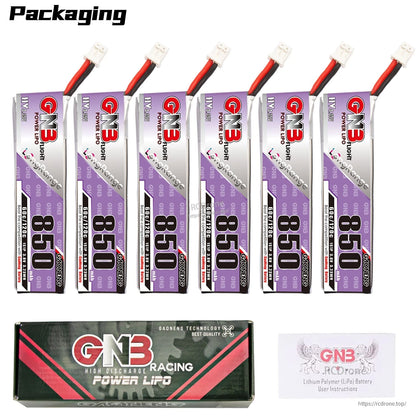 Packaging contents: six GNB 850 batteries with GN3 Racing Power LiPo box and instructions card