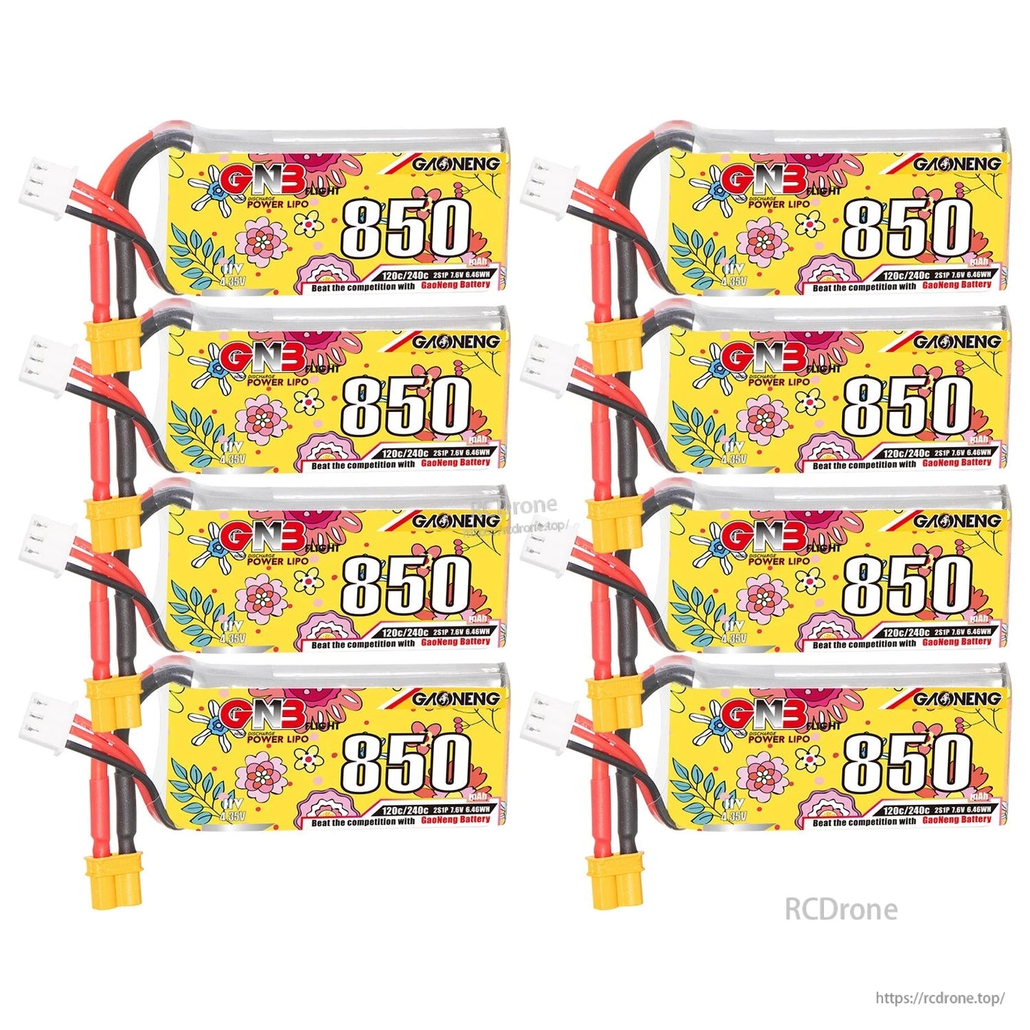 Eight-pack set of GAONENG GNB 850mAh 2S LiHV batteries arranged in two columns