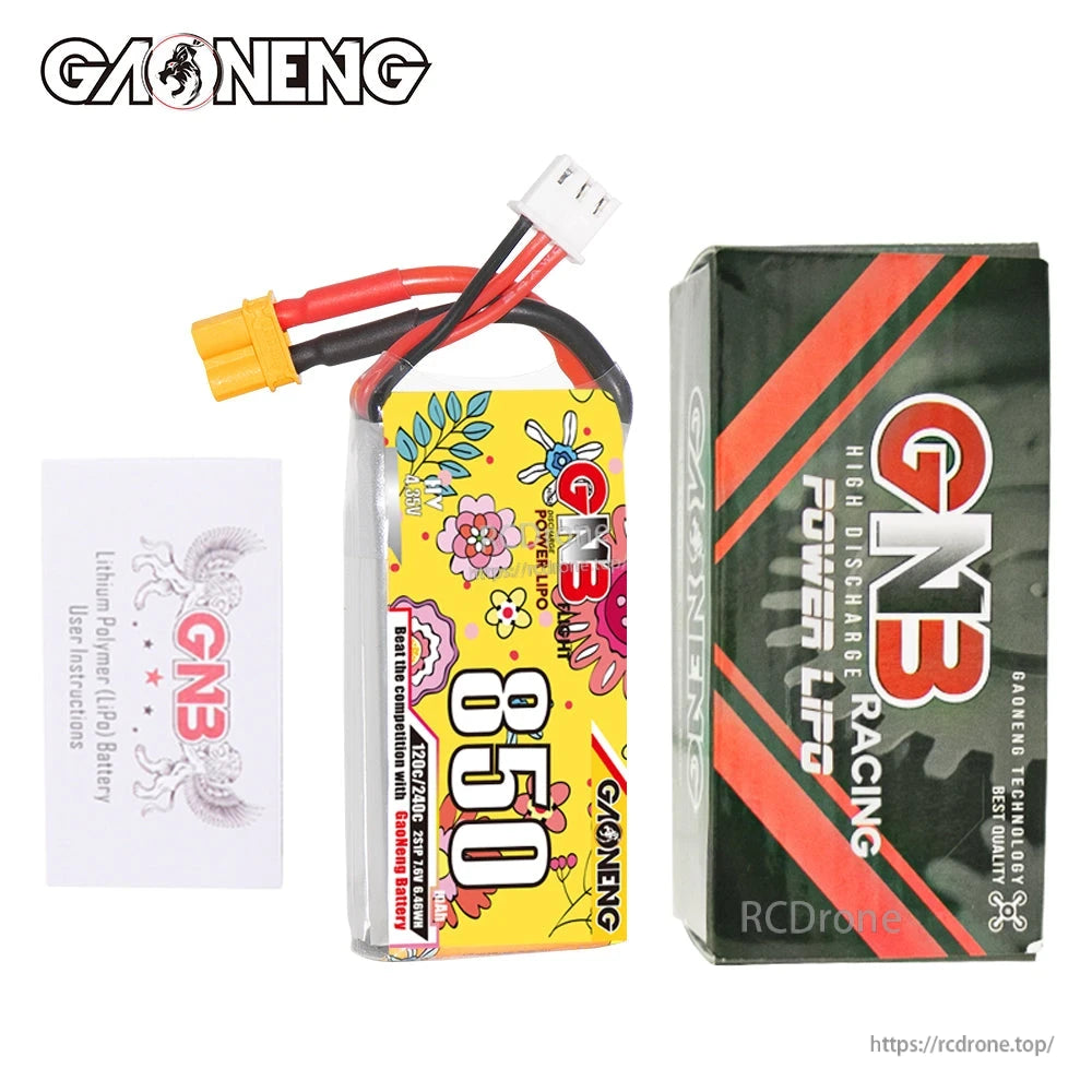 Package contents: GNB 850mAh battery, GNB hard case box, and instruction leaflet