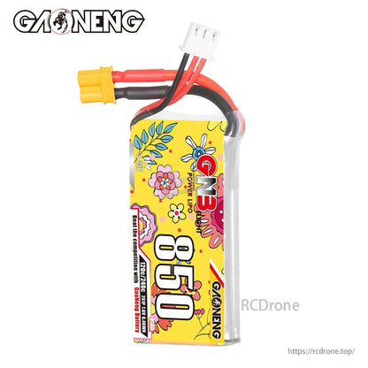 GAONENG GNB 850mAh battery front view with floral label and attached XT30 lead