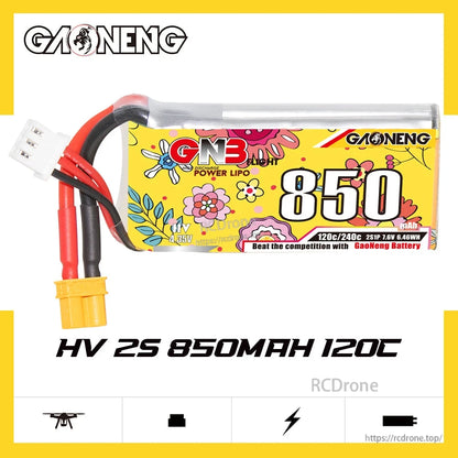 GAONENG GNB 850mAh HV 2S 120C LiPo battery product graphic with label details