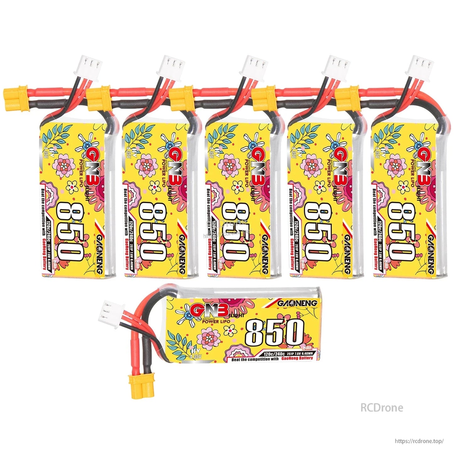 Six-pack layout of GNB 850mAh LiHV batteries, five upright plus one horizontal battery