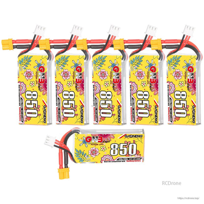 Six-pack layout of GNB 850mAh LiHV batteries, five upright plus one horizontal battery