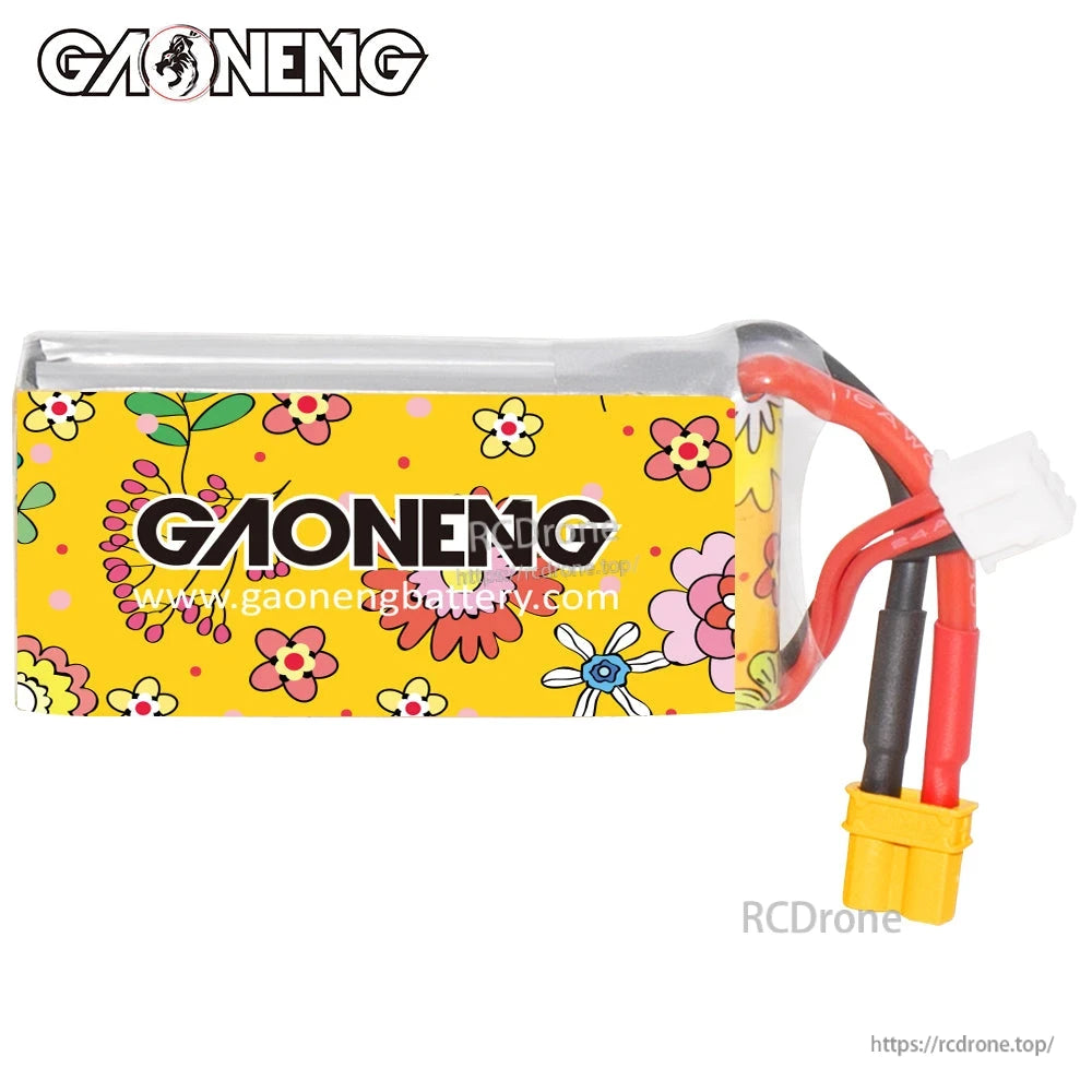 Side view of GAONENG LiHV battery showing GAONENG logo wrap and XT30 power leads