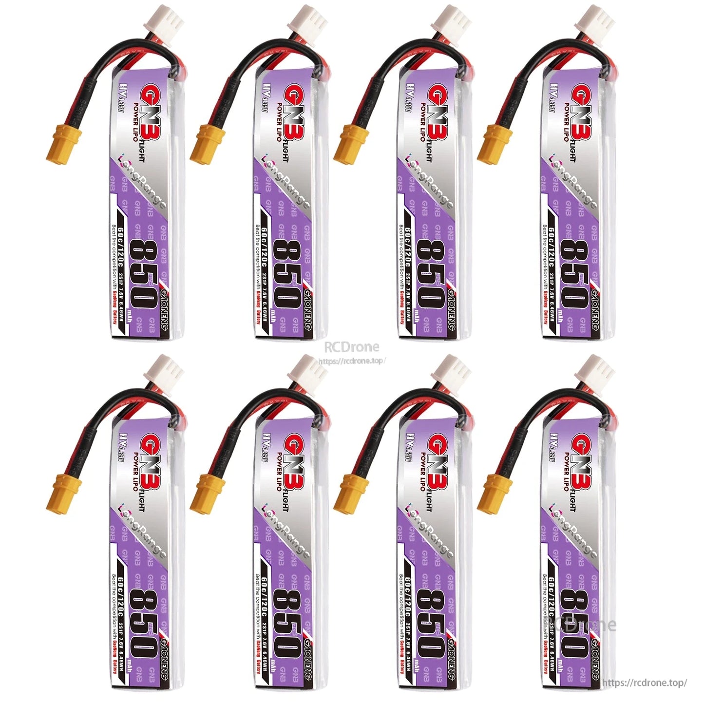 Eight GNB 850mAh LiHV batteries arranged in two rows, each with XT30 connector