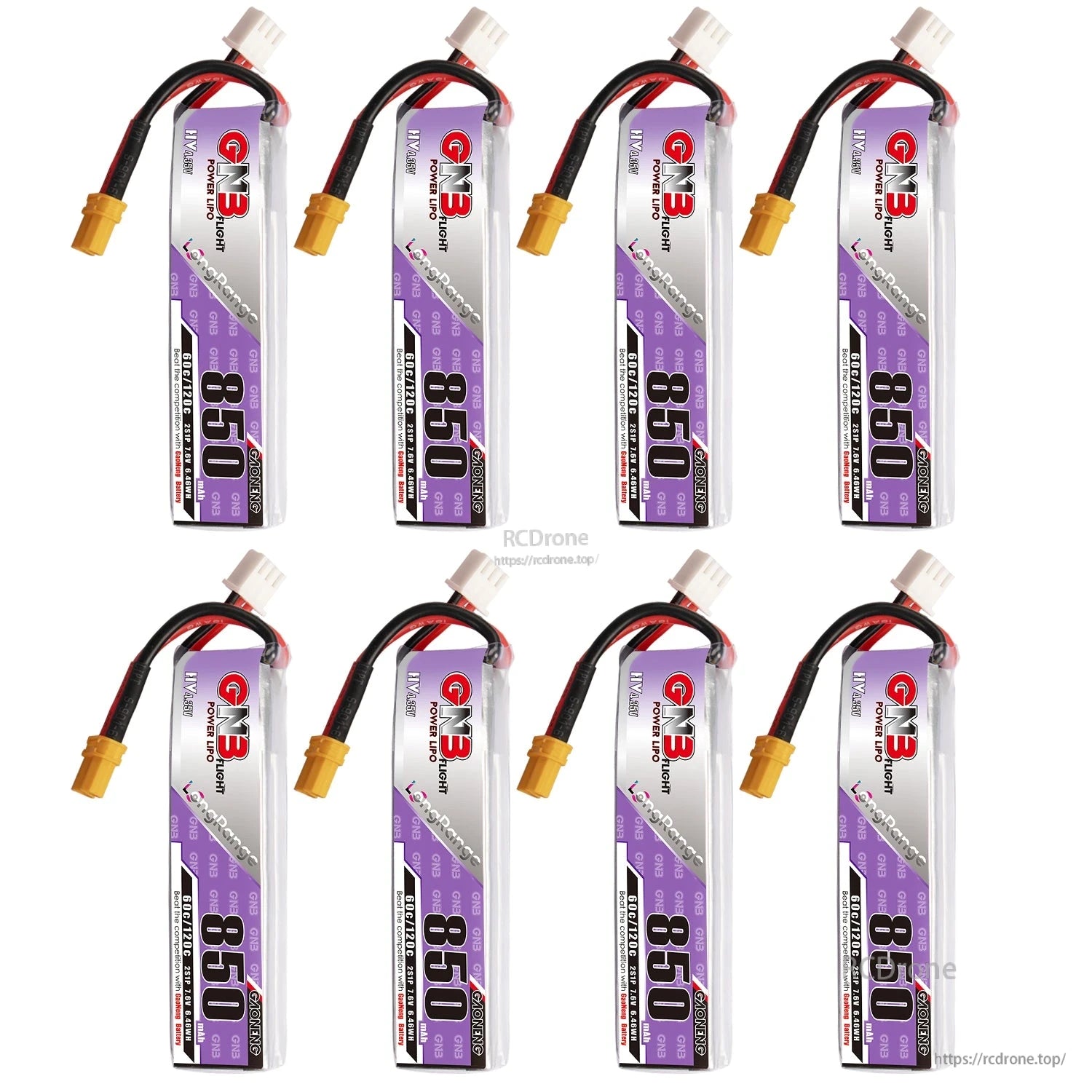 Eight GNB 850mAh LiHV batteries arranged in two rows, each with XT30 connector