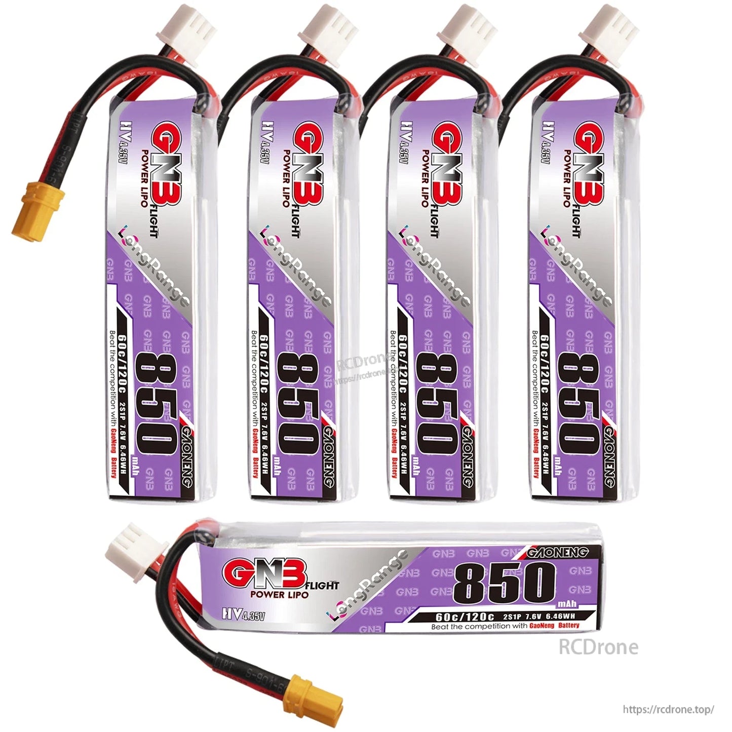 Group photo of five GNB 850mAh LiHV batteries, four standing and one horizontal