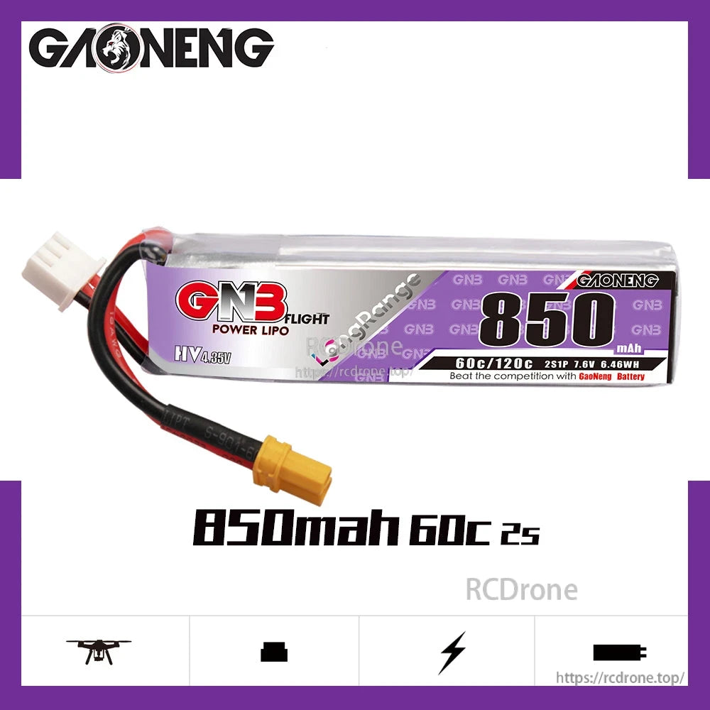 GAONENG GNB 850mAh 60C 2S LiHV battery product graphic with XT30 connector