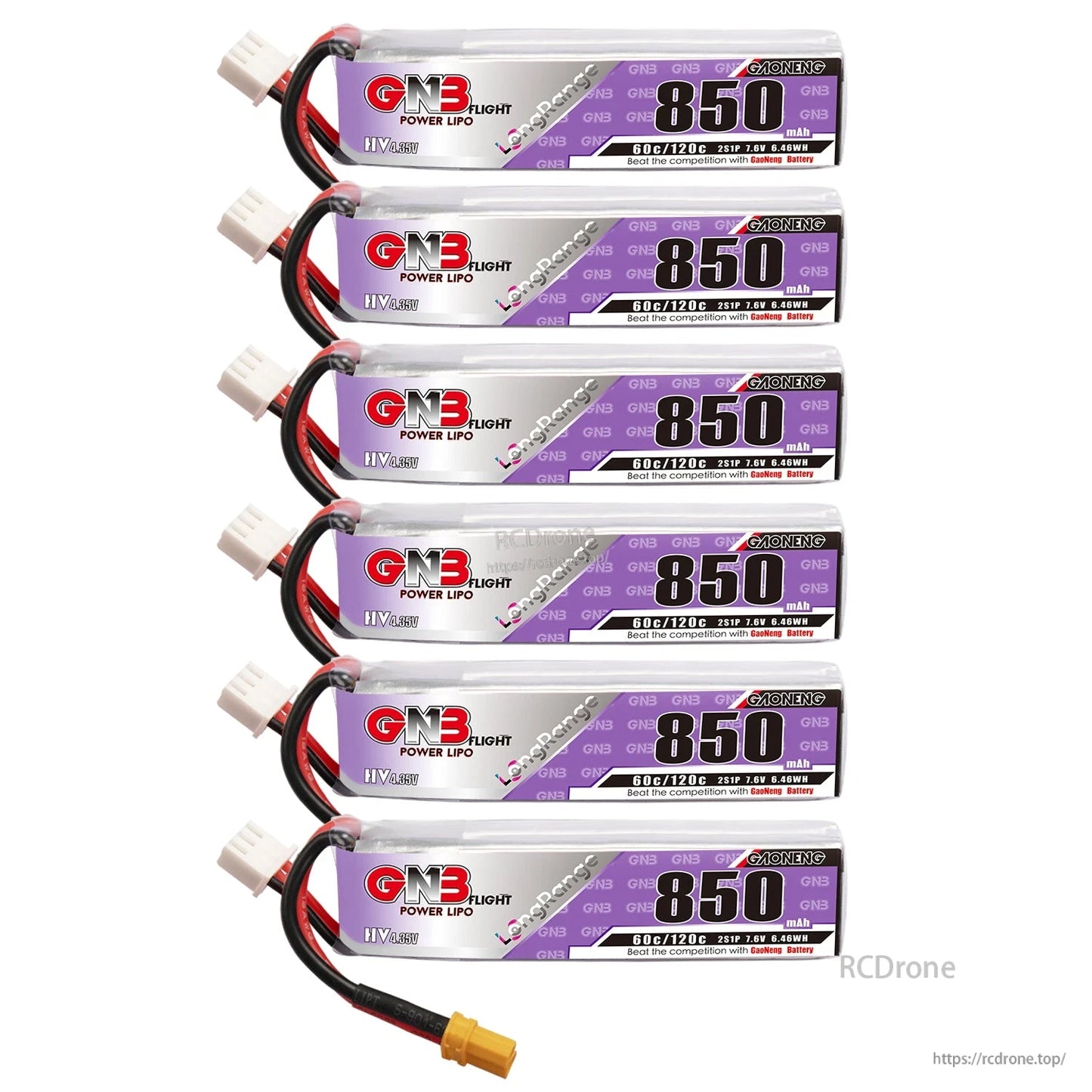 Six-pack stack of GNB 850mAh LiHV batteries with XT30 connectors aligned to the left
