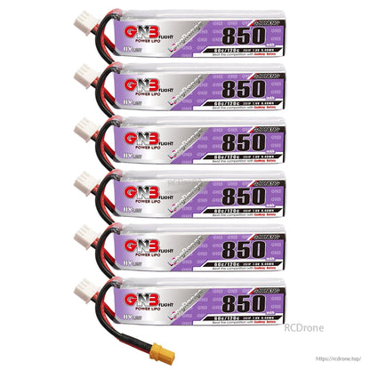 Six-pack stack of GNB 850mAh LiHV batteries with XT30 connectors aligned to the left