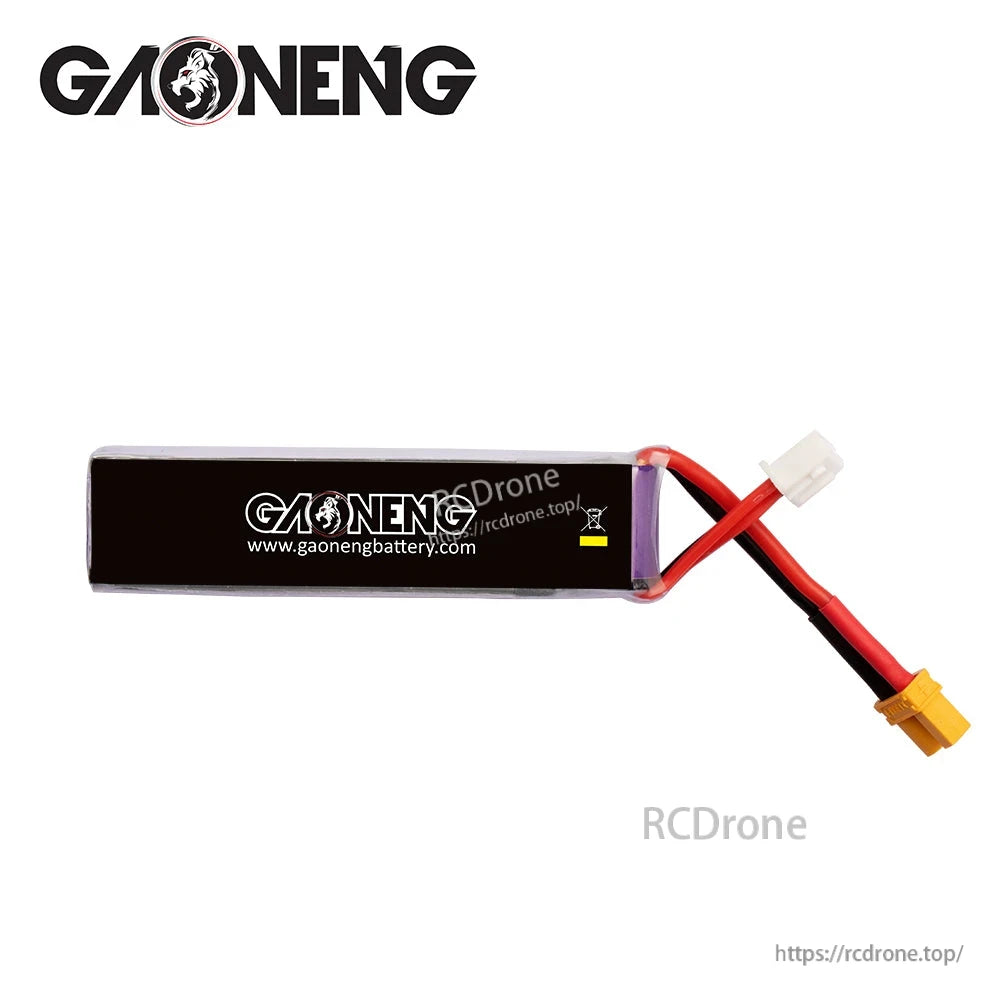 Rear side of GAONENG LiPo battery showing black label and attached XT30 and balance lead