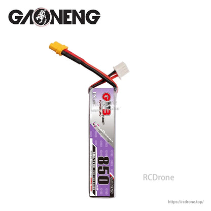 Vertical side view of GNB 850mAh LiHV battery showing thickness and wire exit position