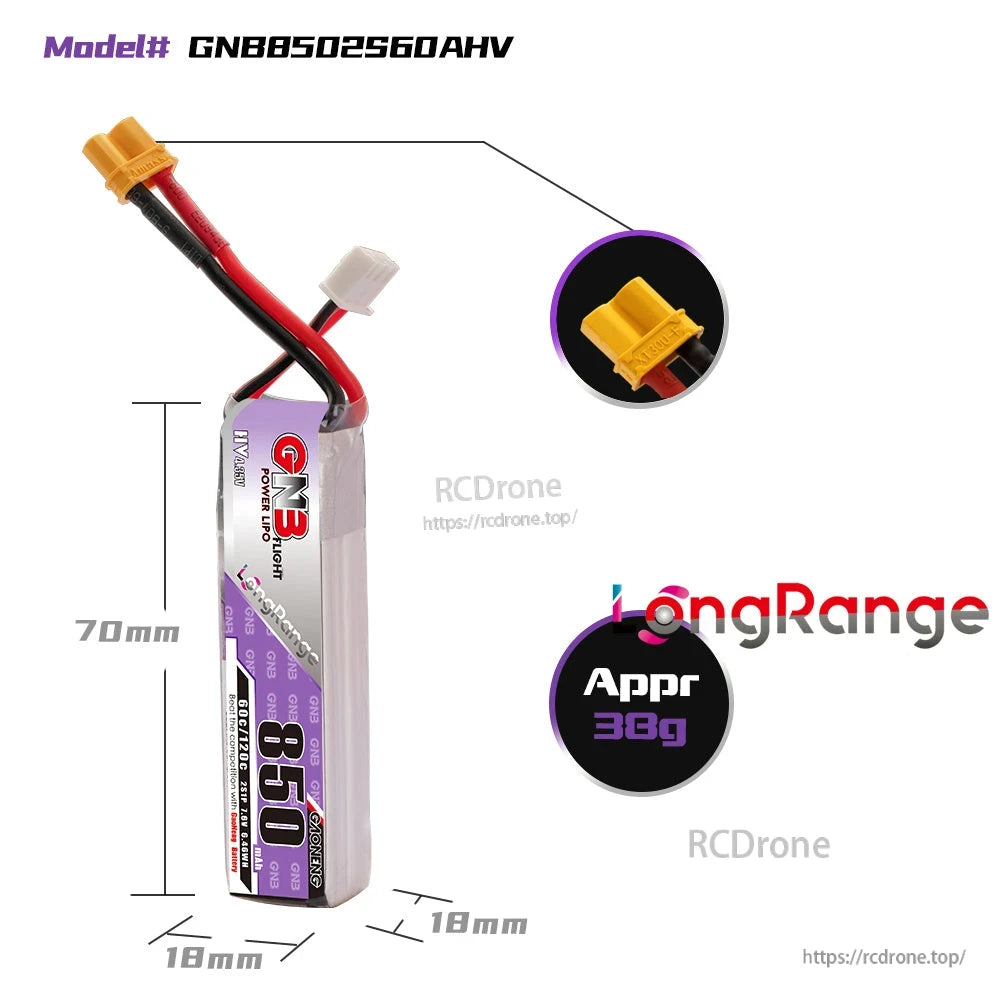 GNB8502S60AHV battery dimensions diagram showing 70×18×18mm and approx 38g weight