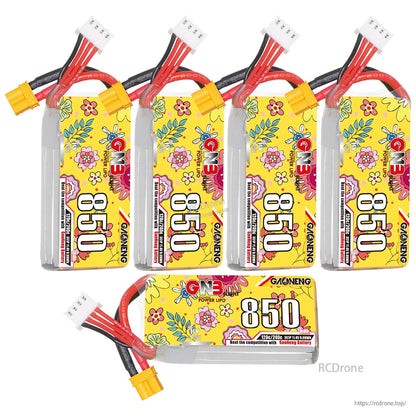 Five-piece set layout: four upright GNB 850mAh batteries plus one battery shown horizontally