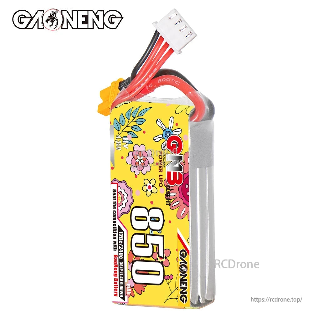 Front face view of GNB 850mAh LiPo battery pack showing floral wrap and top lead wires