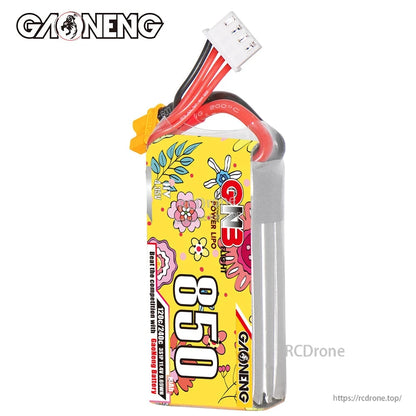 Front face view of GNB 850mAh LiPo battery pack showing floral wrap and top lead wires
