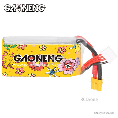 Rear/side view showing GAONENG floral wrap and wire end with yellow XT30 plug and balance lead