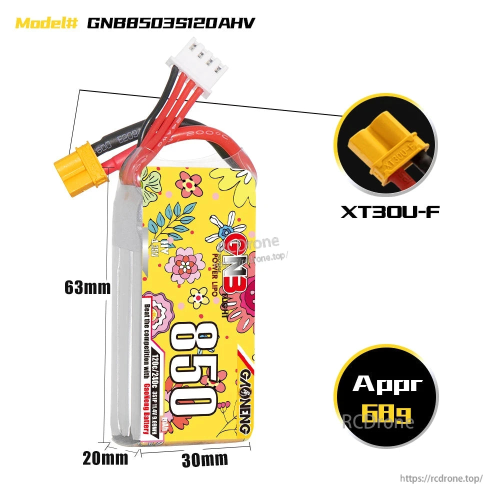 Battery size diagram 63 x 30 x 20 mm with XT30U-F connector close-up and approx 68 g weight