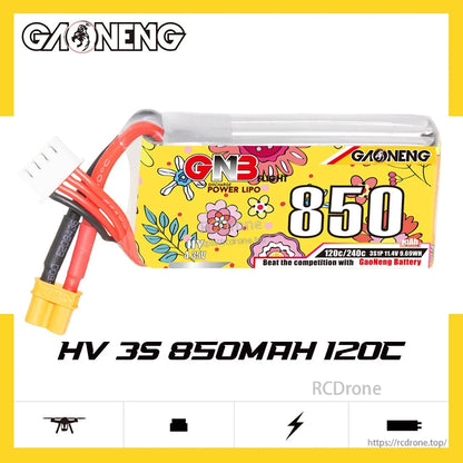 Side view label showing GNB HV 3S 850mAh 120C battery with lead wires and connectors