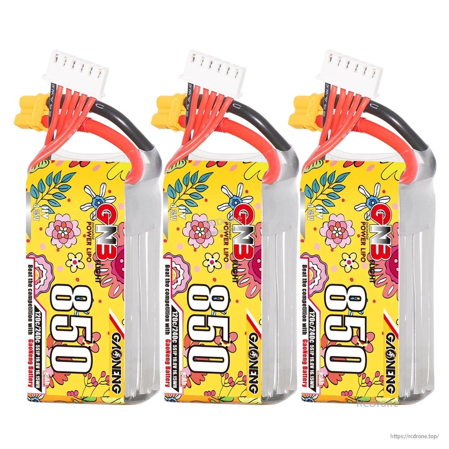 Three GNB 850 batteries lineup showing matching labels, XT30 connectors, and balance leads