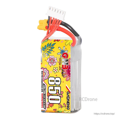 Side profile of GNB 850 LiPo showing thickness, shrink wrap, and wire exit at top