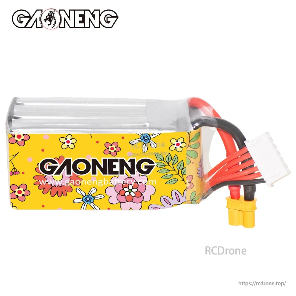 Rear label view with GAONENG floral wrap and XT30 lead plus white balance connector