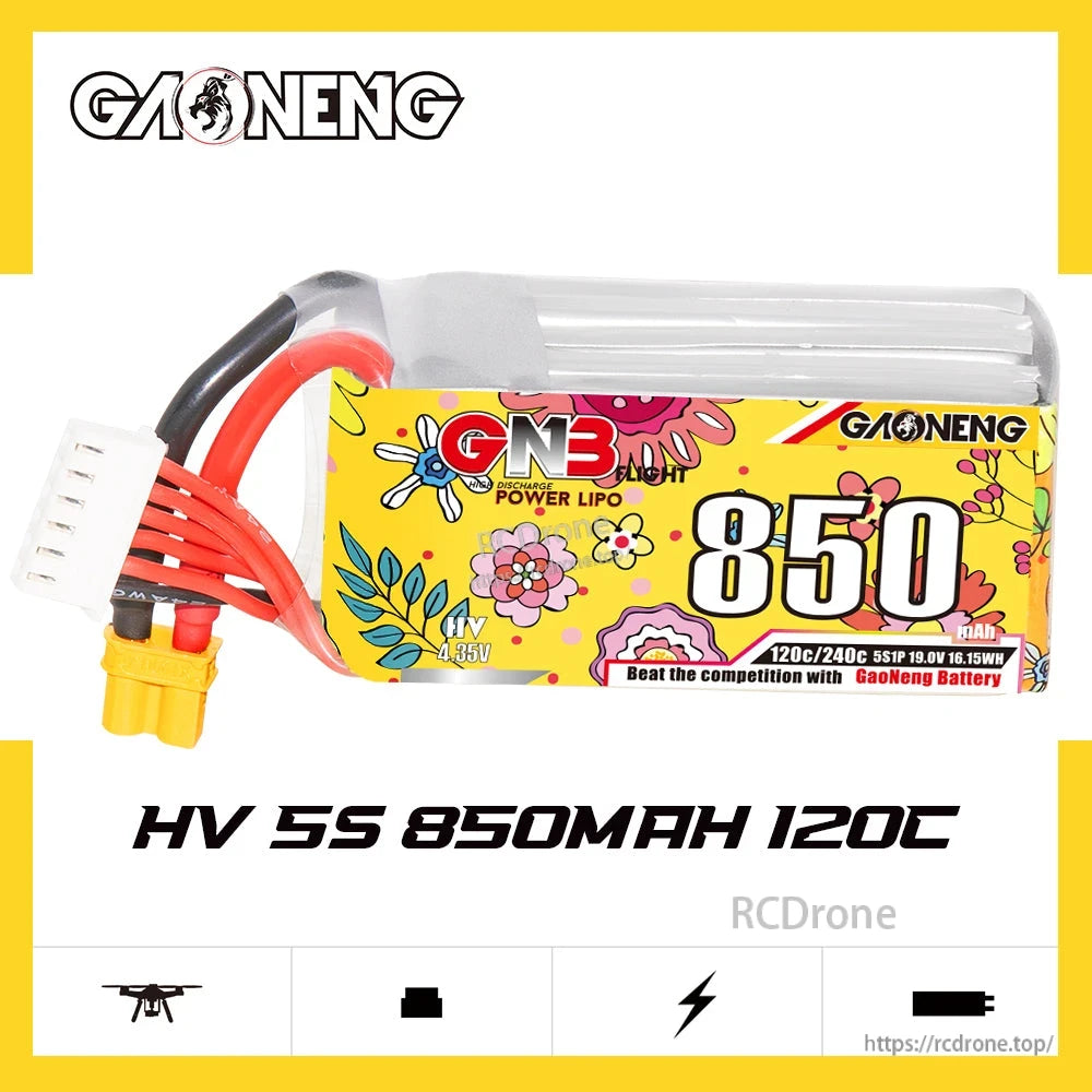 GAONENG GNB 5S 850mAh LiHV battery graphic showing 120C rating and HV 5S 850mAh text