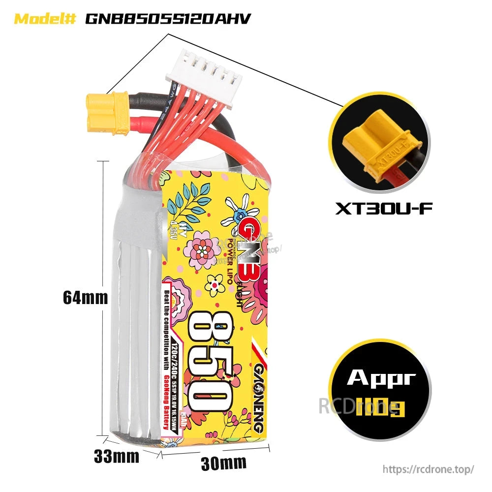 Battery size diagram with dimensions 64×33×30mm and XT30U-F connector callout