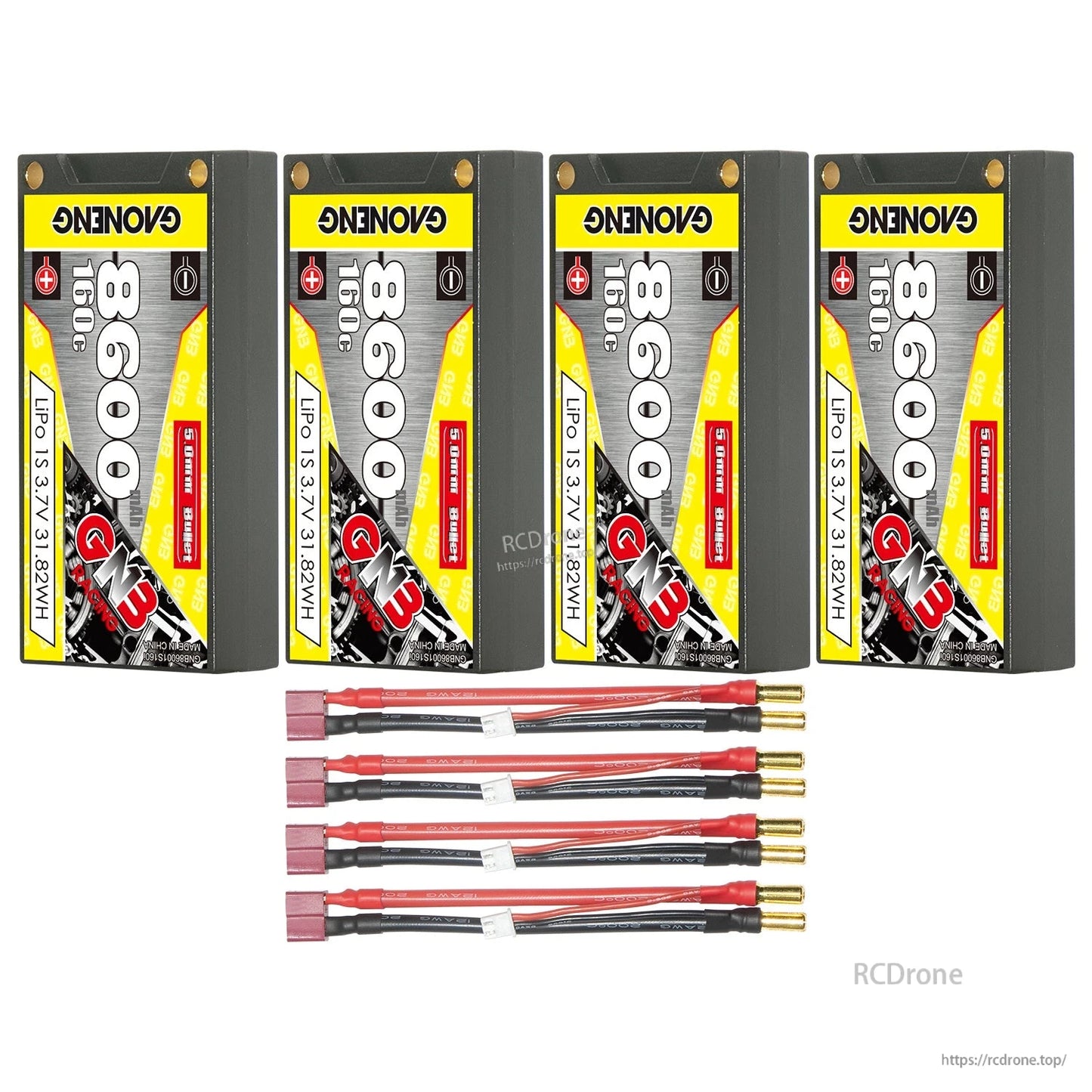 Four batteries with four lead sets featuring red plug leads and 5mm bullet connectors