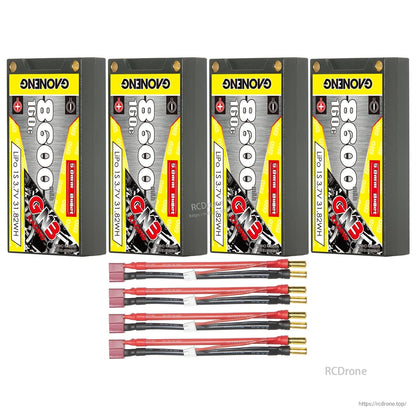 Four batteries with four lead sets featuring red plug leads and 5mm bullet connectors