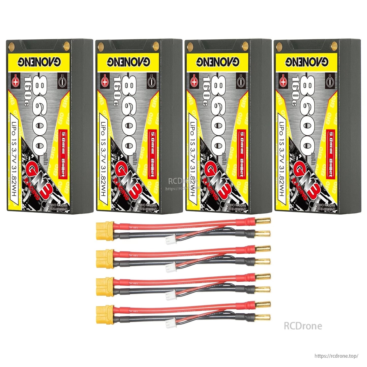 Four hard case batteries with four lead sets, yellow plug leads and 5mm bullet ends