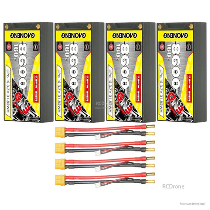 Four hard case batteries with four lead sets, yellow plug leads and 5mm bullet ends