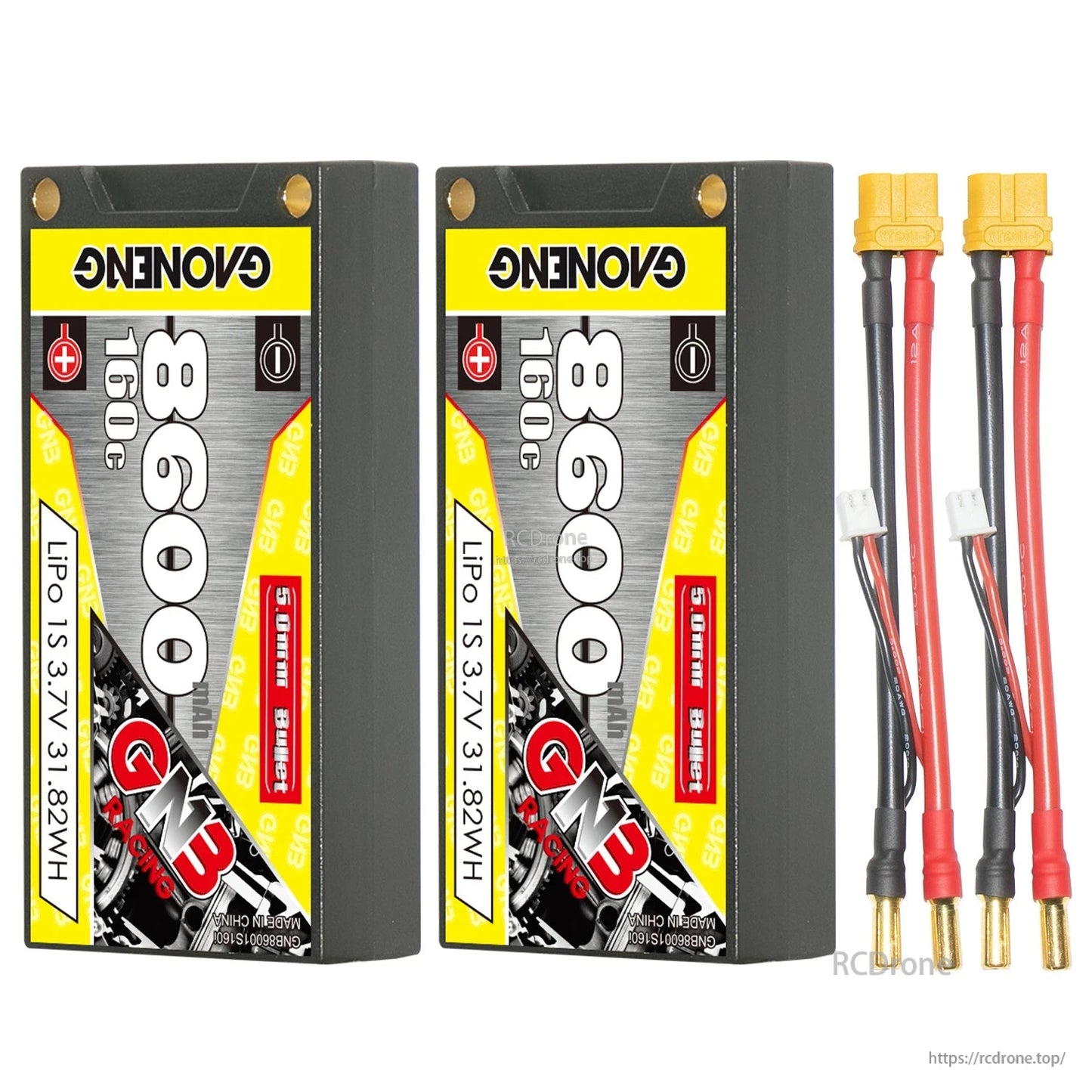 Two hard case batteries plus two lead sets with yellow plug and 5mm bullet connectors