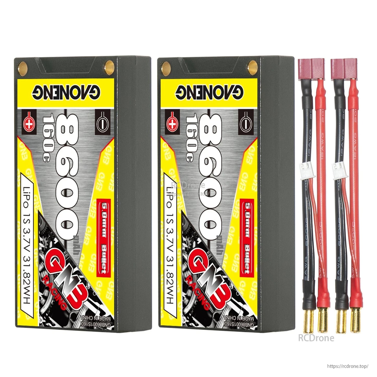 Two batteries with two lead sets featuring red plug leads and 5mm bullet connectors