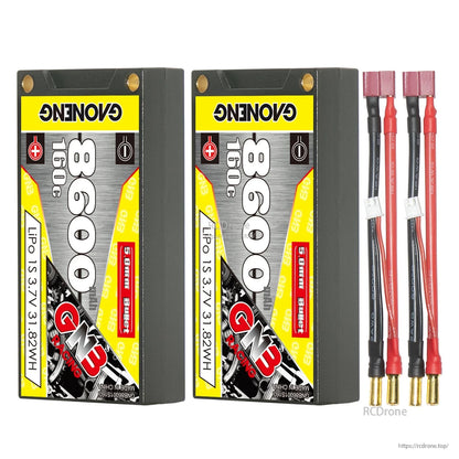 Two batteries with two lead sets featuring red plug leads and 5mm bullet connectors
