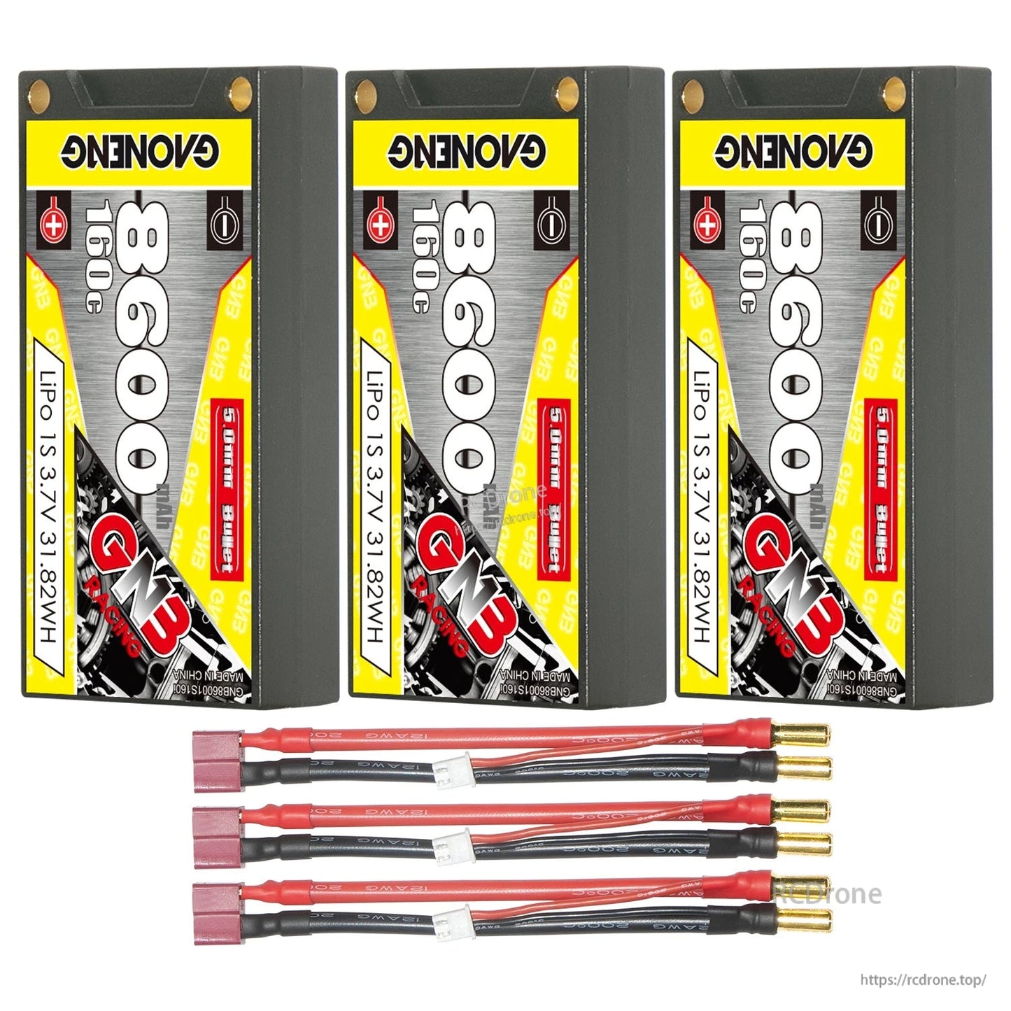 Three batteries with three lead sets featuring red plug leads and 5mm bullet connectors
