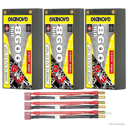 Three batteries with three lead sets featuring red plug leads and 5mm bullet connectors