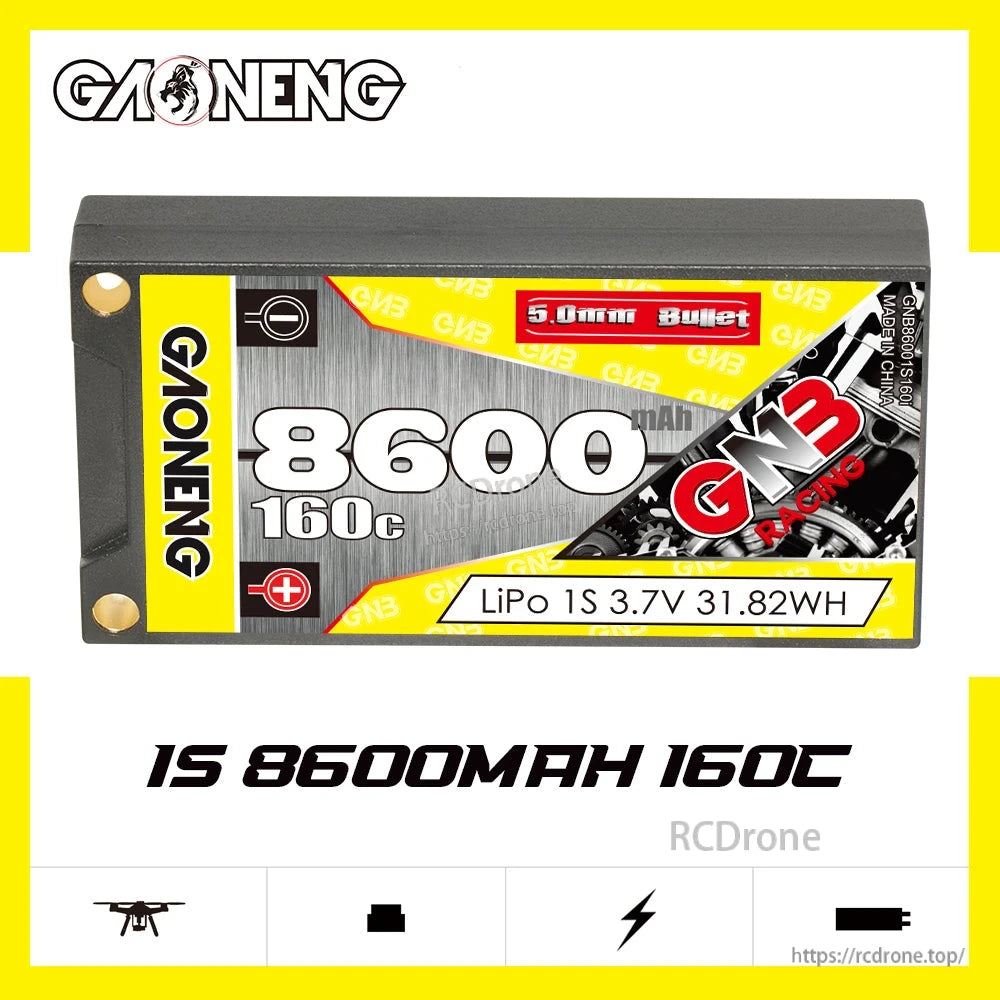 GAONENG GNB 8600mAh 160C 1S 3.7V LiPo battery product graphic with specs on label