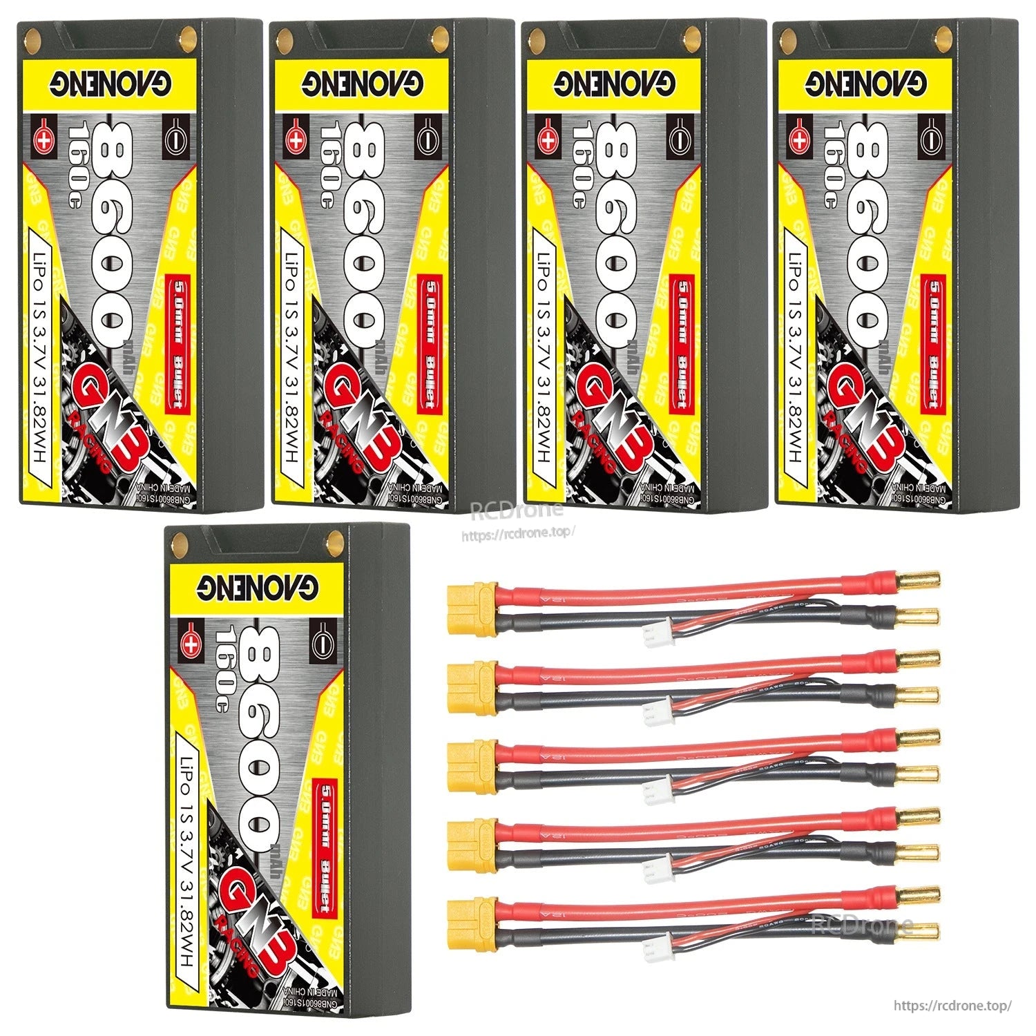 Five hard case batteries with five lead sets, yellow plug leads with 5mm bullet connectors