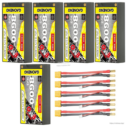 Five hard case batteries with five lead sets, yellow plug leads with 5mm bullet connectors