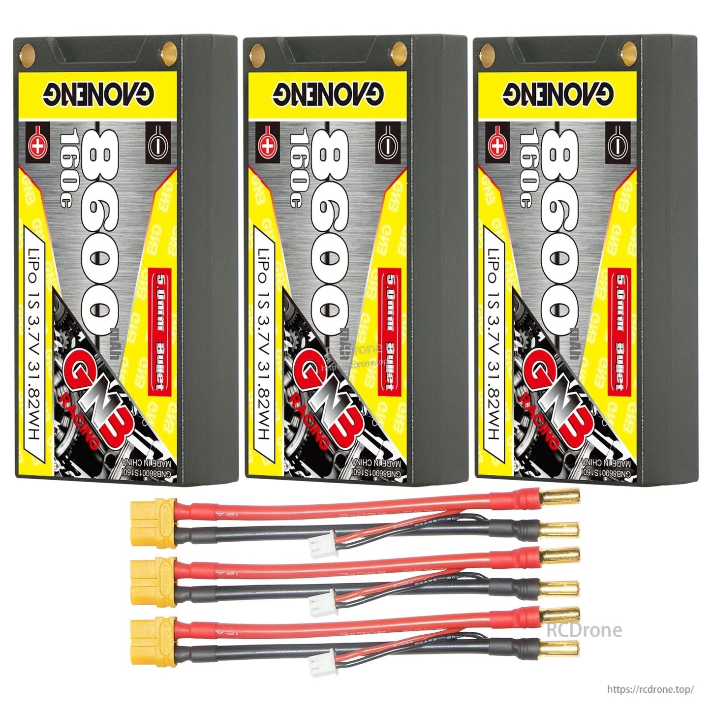 Three hard case batteries with three lead sets, yellow plug to 5mm bullet connectors